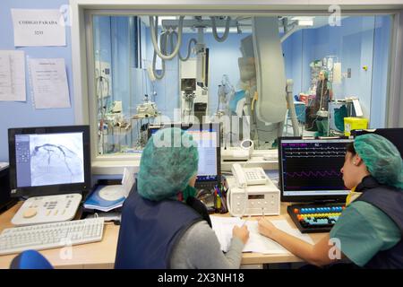 Angioplasty, Stenting in coronary arteries, Hemodynamic, Operating room, Surgery, Hospital Donostia, San Sebastian, Gipuzkoa, Basque Country, Spain Stock Photo