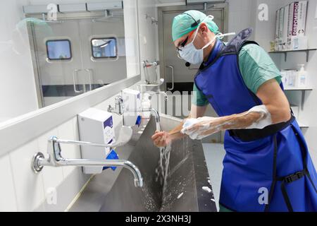 Surgical Scrub, Handwashing, Operating Room, Surgery, Hospital Donostia, San Sebastian, Gipuzkoa, Basque Country, Spain Stock Photo