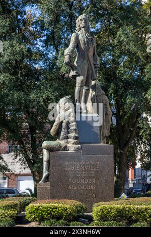 French Quarter, New Orleans, Louisiana.  Statue of Jean Baptiste Le Moyne de Bienville, Founder of New Orleans, 1718. Stock Photo