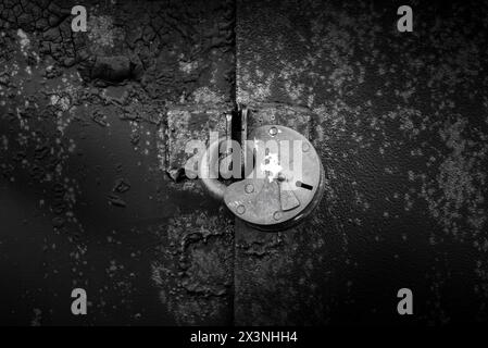 Old rusty lock on metal doors. Lock on the door with an empty place for an inscription Stock Photo
