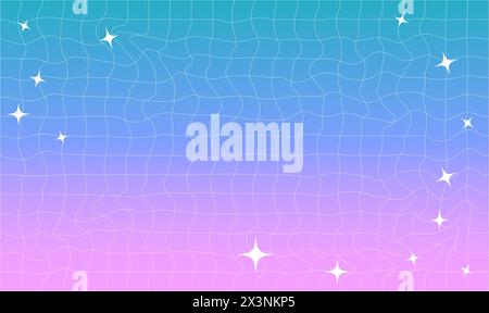 Groovy retro checkered wavy background. Stylish backdrop with gradient and stars. Vector illustration Stock Vector