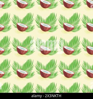 Seamless pattern with half a coconuts and palm leaves. Summer background. Template for fabric, wallpaper, wrapping paper. Vector illustration Stock Vector