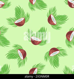 Seamless pattern with half a coconuts and palm leaves. Summer background. Template for fabric, wallpaper, wrapping paper. Vector illustration Stock Vector