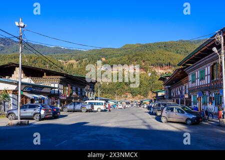 The main street in Chamkhar Town, Jakar, Bumthang, in the central-eastern region of Bhutan Stock Photo