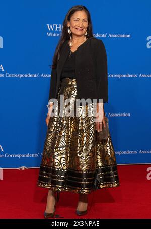 Washington DC, USA. 27th Apr 2024. United States Secretary of the Interior Debra Haaland arrives for the 2024 White House Correspondents Association Dinner at the Washington Hilton Hotel on Saturday, April 27, 2024 in Washington, DC. Credit: Ron Sachs/CNP /MediaPunch Credit: MediaPunch Inc/Alamy Live News Stock Photo