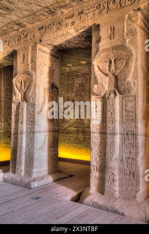 Square Pillars, Goddess Hathor Head, Temple of Hathor and Nefetari, UNESCO World Heritage Site, Abu Simbel, Egypt Stock Photo