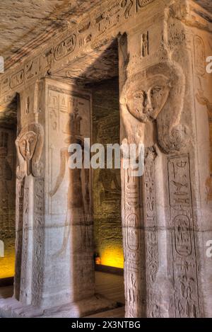 Square Pillars, Goddess Hathor Head, Temple of Hathor and Nefetari, UNESCO World Heritage Site, Abu Simbel, Egypt Stock Photo