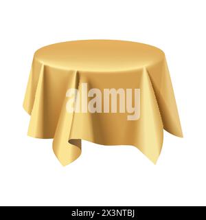 Gold silk fabric tablecloth on round table, 3D realistic blanket vector illustration Stock Vector