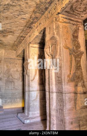 Square Pillars, Goddess Hathor Head, Temple of Hathor and Nefetari, UNESCO World Heritage Site, Abu Simbel, Egypt Stock Photo