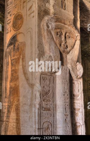 Square Pillar, Goddess Hathor Head, Temple of Hathor and Nefetari, UNESCO World Heritage Site, Abu Simbel, Egypt Stock Photo