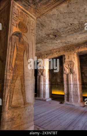 Square Pillars, Goddess Hathor Head, Temple of Hathor and Nefetari, UNESCO World Heritage Site, Abu Simbel, Egypt Stock Photo