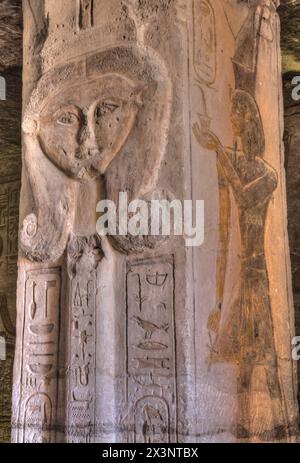 Square Pillar, Goddess Hathor Head, Temple of Hathor and Nefetari, UNESCO World Heritage Site, Abu Simbel, Egypt Stock Photo