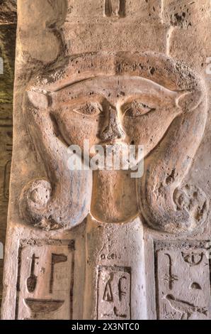 Square Pillar, Goddess Hathor Head, Temple of Hathor and Nefetari, UNESCO World Heritage Site, Abu Simbel, Egypt Stock Photo