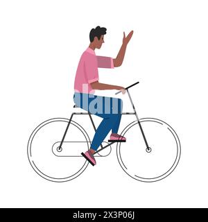 Happy man riding bicycle with hand up, male cyclist character waving and greeting vector illustration Stock Vector