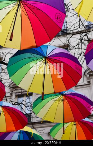 Paris, France, Rainbow coloured umbrellas hanging in Le Marais Stock Photo