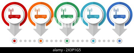 Wifi, router vector icon set, flat design infographic template, set pointer concept icons in 5 color options for webdesign and mobile applications Stock Vector