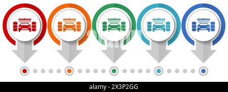 Car wash, auto cleaning service vector icon set, flat design infographic template, set pointer concept icons in 5 color options for webdesign and mobi Stock Vector