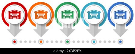 Car wash, auto cleaning service vector icon set, flat design infographic template, set pointer concept icons in 5 color options for webdesign and mobi Stock Vector