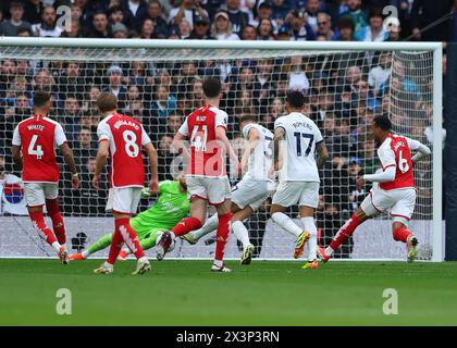 Tottenham Hotspur Stadium, London, UK. 28th Apr, 2024. Premier League Football, Tottenham Hotspur versus Arsenal; Micky van de Ven of Tottenham Hotspur shoots and scores his sides 1st goal in the 22nd minute to make it 1-1 but was ruled offside by VAR Credit: Action Plus Sports/Alamy Live News Stock Photo
