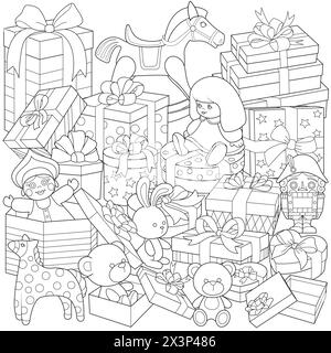 Gift boxes with toys. doll, horse. Teddy bear, nutcracker and bunny. gifts for children Coloring page for kids and adults. Kids toy box. Vector illustration Stock Vector