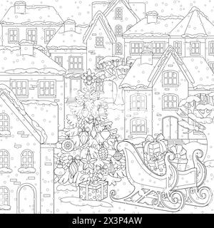 Santa Claus sleigh with Christmas tree in the winter city. Vector illustration in line art style. Coloring page for kids and adults.  Stock Vector