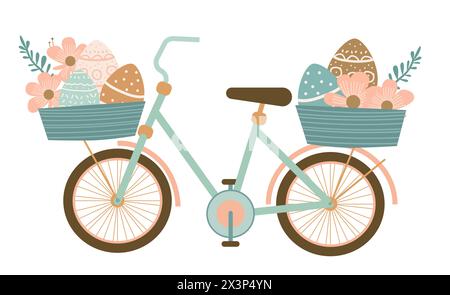 Happy Easter greeting card with bicycle eggs and spring flowers in baskets pastel colors holiday celebration card Stock Vector