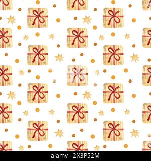 Seamless holiday pattern with watercolor illustration, birthday party elements. Birthday, holiday, New Year, congratulations, garlands, gifts. Stock Photo