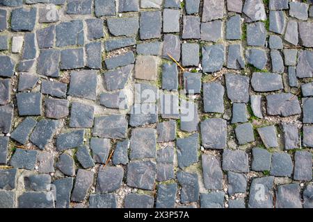 Grey brick wall background. Gray stone block surface with horizontal texture of gray brick. Stock Photo