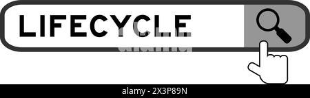 Search banner in word lifecycle with hand over magnifier icon on white background Stock Vector