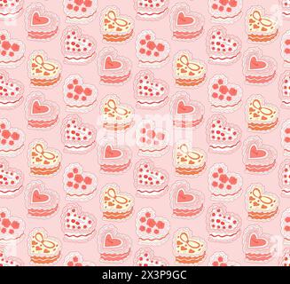 Cute seamless pattern with heart shaped cake. Cakes print coquette. A sweet dessert in the style of y2k. Vector illustration Stock Vector