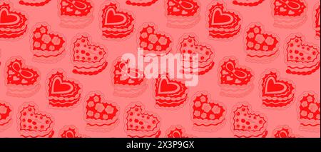 Cute seamless pattern with heart shaped cake. Cakes print coquette. A sweet dessert in the style of y2k. Vector illustration Stock Vector
