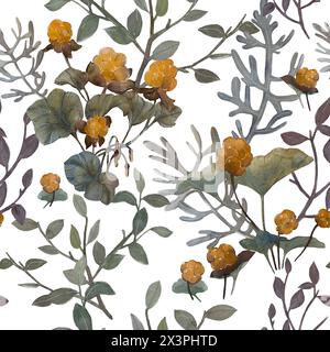 Seamless pattern with berries and cloudberry leaves and blueberry branches on white background. Stock Photo
