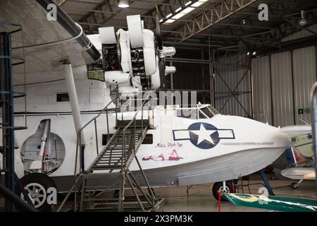 Nose Art on Consolidated PBY 5-A Catalina flying boat and amphibious aircraft. Miss Pick Up. Stock Photo