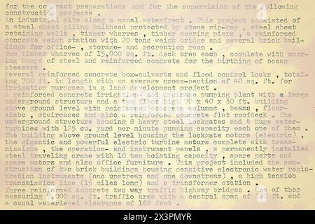 Text written on an old typewriter, yellowed and partly blurred. It is part of a resume of a civil engineer who has worked in the sixties in South Amer Stock Photo