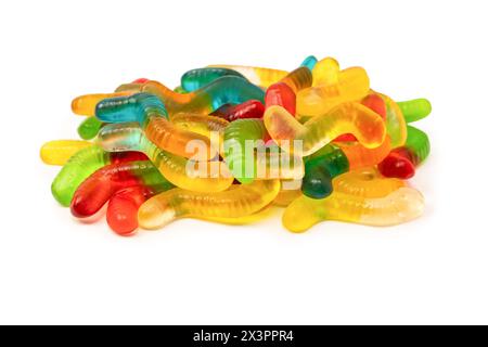 Juicy colorful jelly sweets isolated on white. Gummy candies. Jelly snakes. Stock Photo