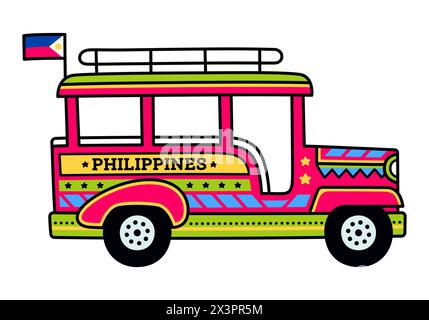 Jeepney, traditional public transport in Philippines. Bright painted bus taxi cartoon drawing, vector illustration. Stock Vector