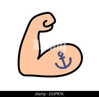 Flexed tattooed bicep emoji symbol. Strong muscle arm with anchor sailor tattoo, cartoon line icon. Vector hand drawn doodle illustration. Stock Vector