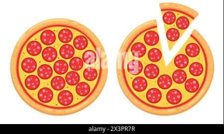 Pepperoni pizza, whole and with slice. Simple cartoon style vector illustration. Stock Vector