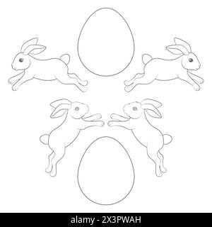 Set of black and white illustrations with Easter bunny and eggs. Isolated vector objects on white background. Stock Vector