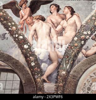 RAFFAELLO Sanzio (b. 1483, Urbino, d. 1520, Roma)  Cupid and the Three Graces 1517 Fresco Villa Farnesina, Rome  It was said that only in the presence of the Three Graces could a young man recognize the charms of his beloved. Cupid is looking at the Graces and pointing with his left hand, not at Psyche, but at the loggia itself, the Chigis own world. This is no doubt meant to refer to the lady of the house. Pope Leo X liked Giovanni da Udine's garlands so much that he commissioned the painter to decorate the first floor of the loggia in the Vatican with similar floral motifs.       --- Keyword Stock Photo