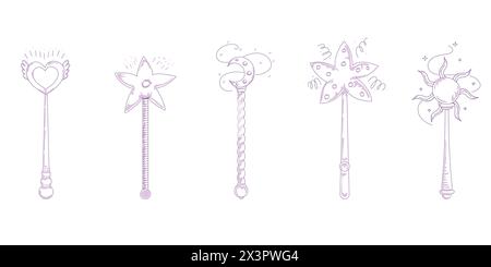 Magic wands doodle set. Fairytale element in sketch style. Hand drawn vector illustration isolated on white background Stock Vector