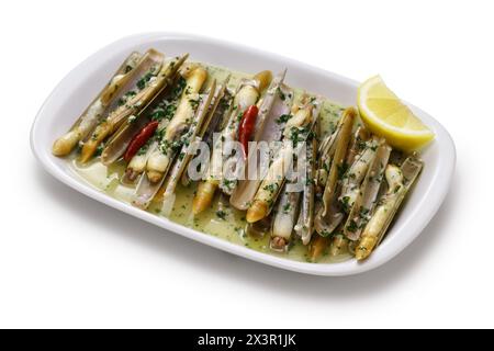 steamed razor clams in wine isolated on white background Stock Photo