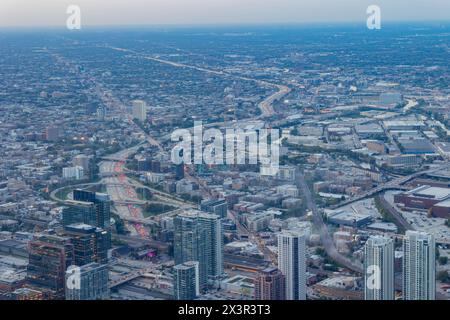 Sunset aerial view of the downtown landscape from the Willis Tower at Chicago Stock Photo