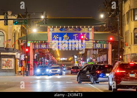 Chicago, OCT 4 2023 - Night view of the cityscape around Chinatown Stock Photo