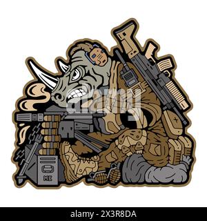 Military patch. Army badges on clothes. Military Rhino. Rhinoceros holding a weapon. Army stamp. Military emblem. Stock Vector Image Stock Vector