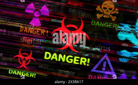 Alert wargning with skull symbol technology concept. Abstract sign on glitch screens 3d illustration. Stock Photo