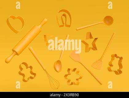 Set of metal cookie cutters for homemade Christmas biscuit on a yellow monochrome background. 3d render of making gingerbread cookies in the kitchen. Stock Photo