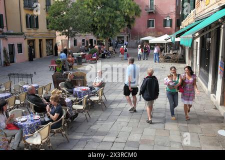 The convivial city: Campo Santa Maria Nova, a typical small square for sitting, eating and drinking, in traffic-free Venice. Stock Photo