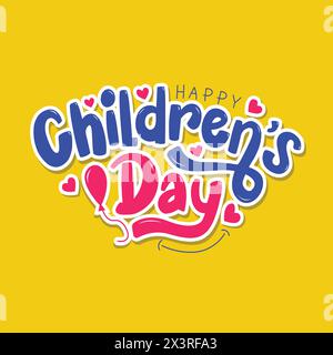 Happy Children's Day beautiful lettering design with hearts and balloons vector art on yellow background. Children day text effect logo. Headline text Stock Vector