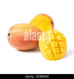 Set of fresh whole and sliced mango fruit isolated on white background. clipping path included. Stock Photo